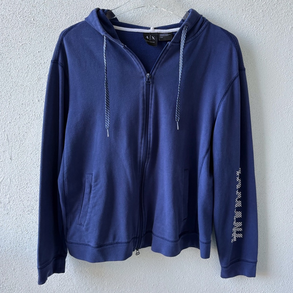 Armani Exchange Men Full Zip Hoodie Cotton Blend Blue Large Long Sleeve Casual